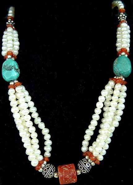 Pearl Necklace with Coral and Turquoise