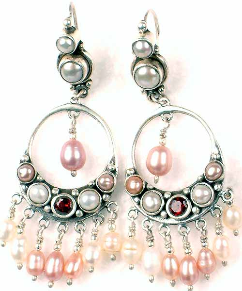 Pink Pearl and Garnet Umbrella Ear Rings