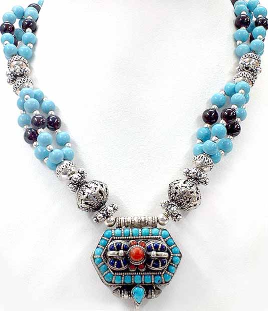 Robin's Egg Turquoise Necklace with Garnet Balls and Gau Box Pendant