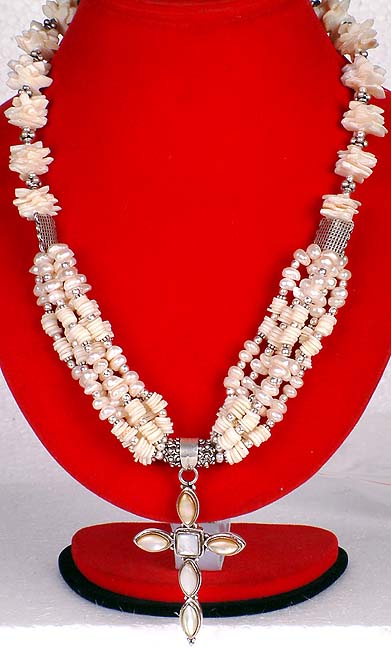 Shell Cross Necklace with Pearls