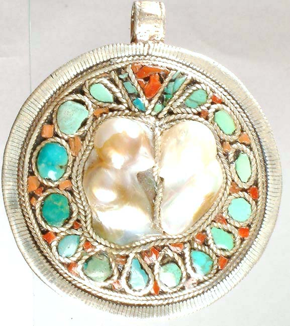 Shell Pendant with Turquoise and Coral