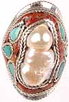 Shell Ring with Inlay of Coral and Turquoise