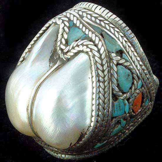 Shell Ring with Turquoise and Coral