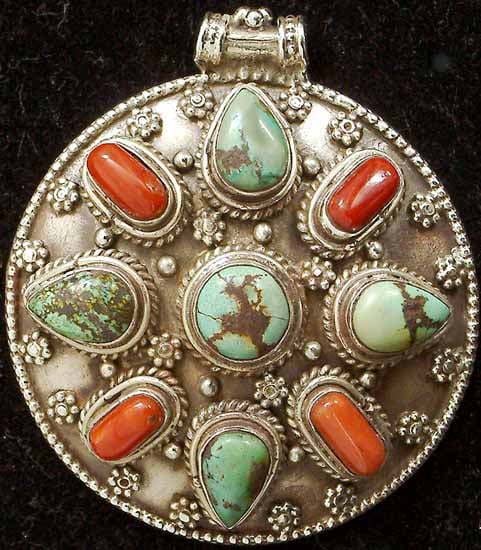Shield Pendant of Turquoise and Coral