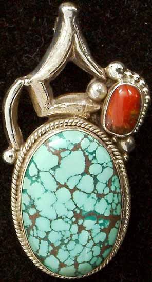 Spider Web Turquoise Designer Pendant with Coral