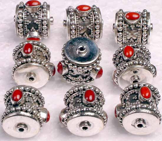 Sterling Drum Beads with Coral