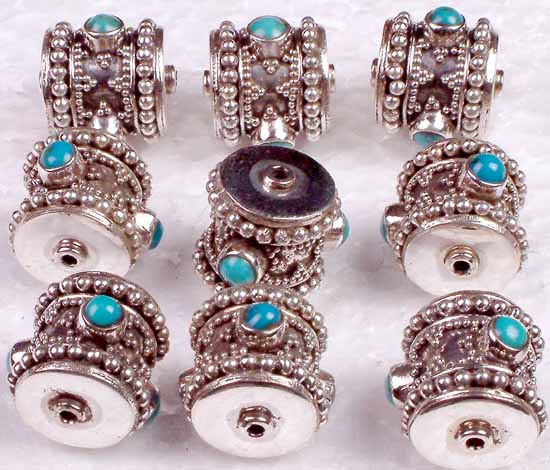 Sterling Drum Beads with Turquoise
