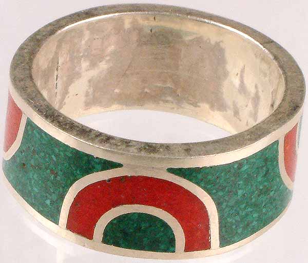 Sterling Ring with Malachite and Coral Inlay