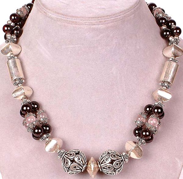 Sterling Silver Necklace with Rose Quartz and Smoky Balls
