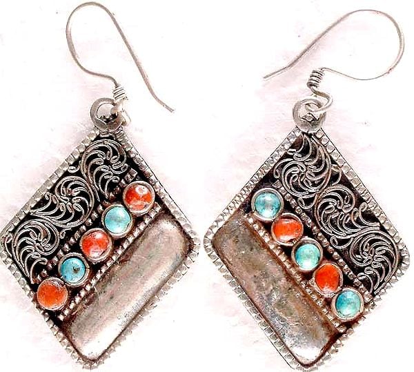 Turquoise Coral Filigree Ear Rings