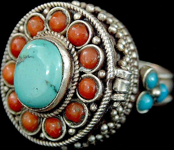 Turquoise Coral Hinged Poison Box Ring