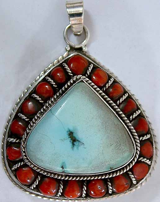 Turquoise Drop Pendant with Coral