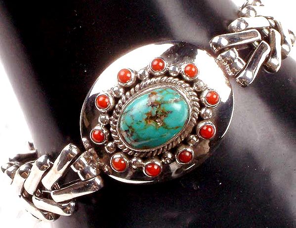 Turquoise Link Bracelet with Coral