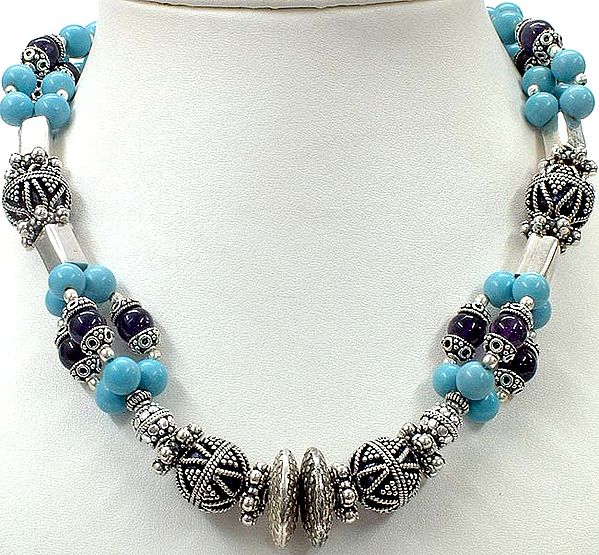 Turquoise Necklace with Amethyst Balls