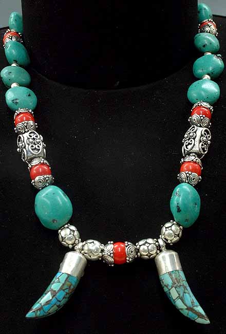 Turquoise Necklace with Tiger Claw Pendants