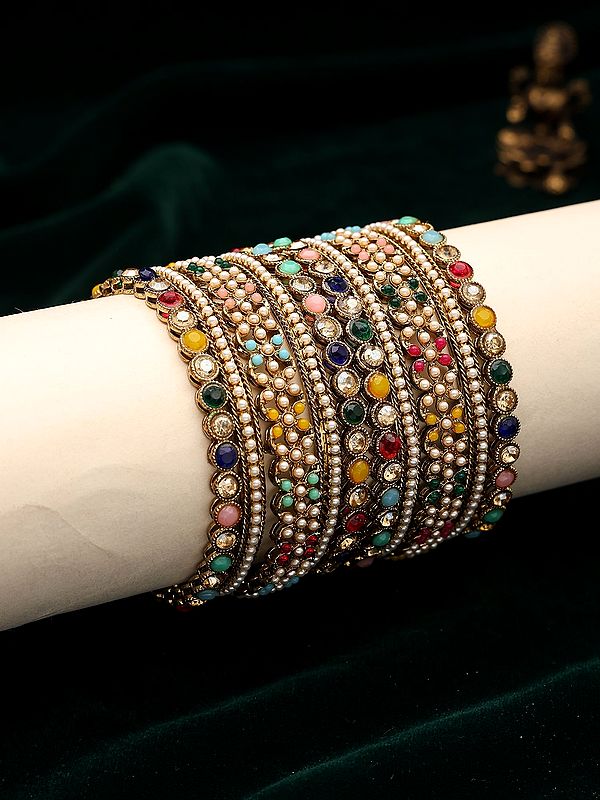 Navratna Style Multicolor Stone and Pearl Bangle Set (10 Pieces)