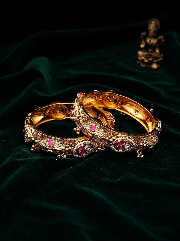 Teardrop Stones Studded Kundan Style Openable Bangles with Pearl Border (Pair)