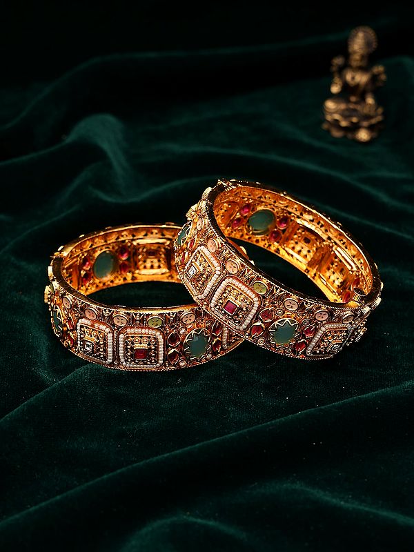 Openable Kada Bangle Set with Kundan Stones - Meenakari Style