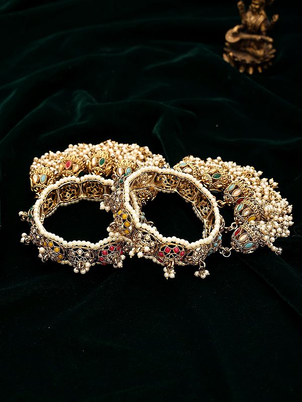 Multicolour Bridal Bangles Set with Pearl Border and Jhumka Drops (Pair)