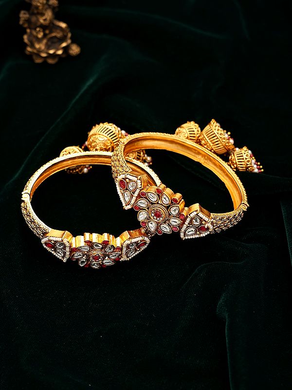 Floral Polki Studded Bangles with Jhumka Drop (Pair)