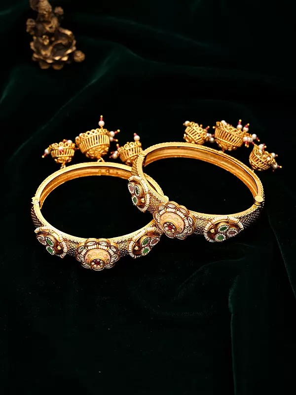 Kundan Stone Meenakari Style Openable Bangles with Jhumka Drop (Pair)