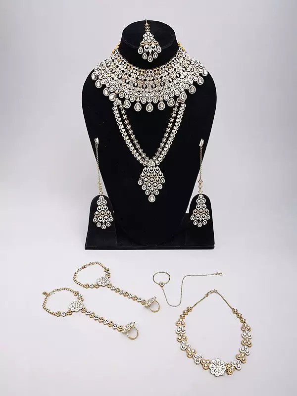 Complete Bridal Jewellery Set: Choker, Double Layer Haar, Nose Ring, Sheeshpatti & Hand Ornaments with Polki Stones