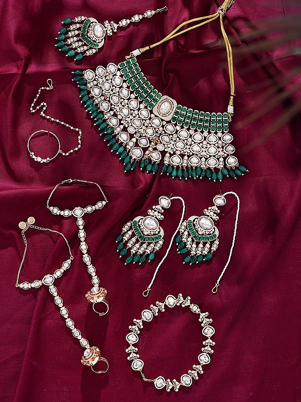 Kundan Stone Studded Bridal Wedding Set With Green Bead Drops