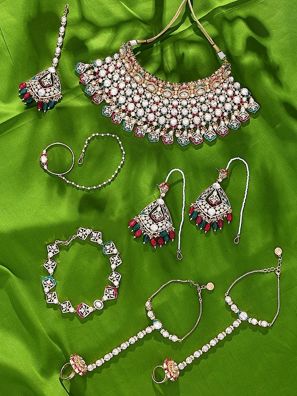 Kundan Studded Bridal Wedding Set with Earrings, Maang Tikka, Sheeshpatti, Haathphool, and Nath