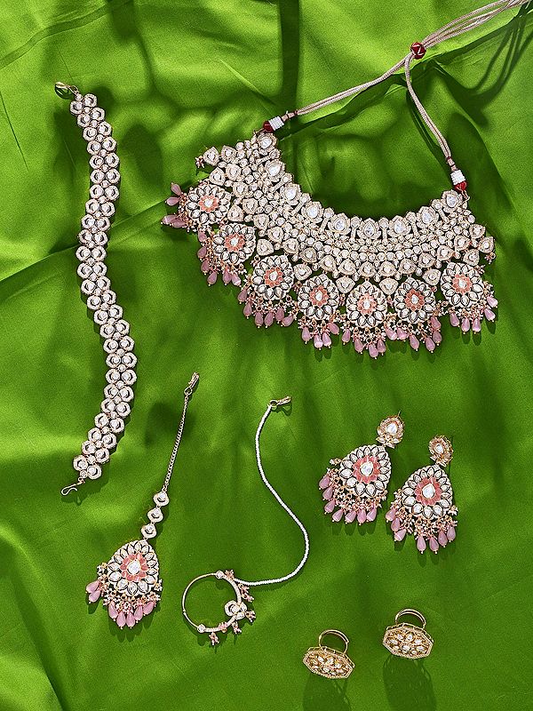Floral Design Kundan Stone Studded Bridal Wedding Set with Pink Bead Drops