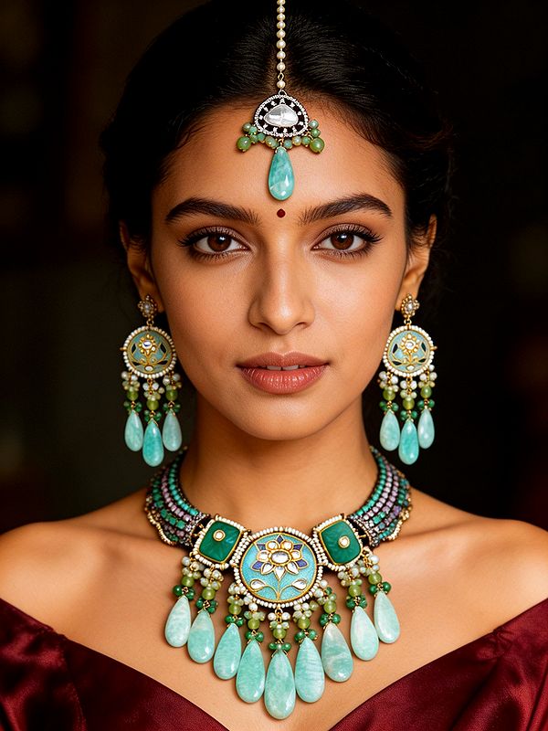 Aqua Green Stone Studded Meenakari Choker Set with Maang Tikka & Beaded Drops