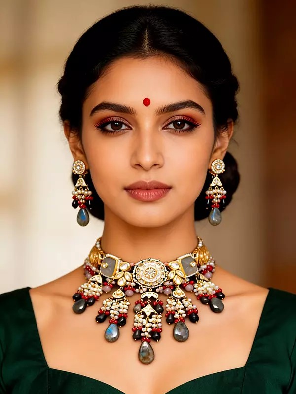 Designer Kundan Choker Necklace Set with Stone Drop Earrings