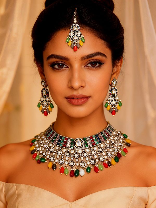 Multicolor Polki Bridal Choker Necklace Set with Maang Tikka and Bead Drops