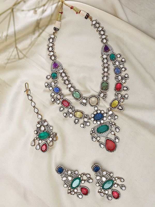 Multi-Color Kundan Stone Studded Necklace set with Maang Tikka and Earrings