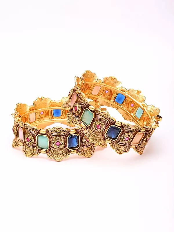 Openable Kundan Bangles with Multi-Color Stones - Temple Design