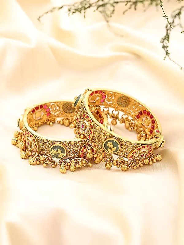 Meenakari Style Kundan Openable Bangle Pair with Ghungroo Drops