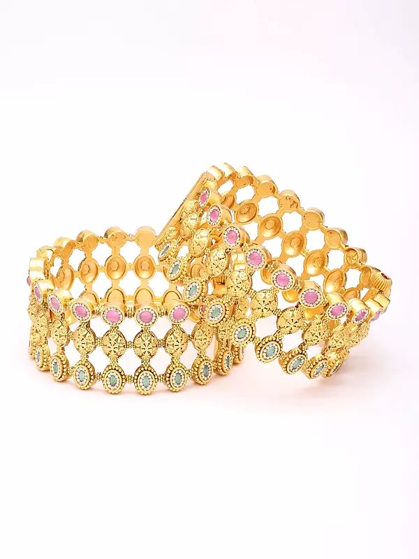 Openable Bridal Bangles Set with Kundan Jali Design and Pink & Green Stones