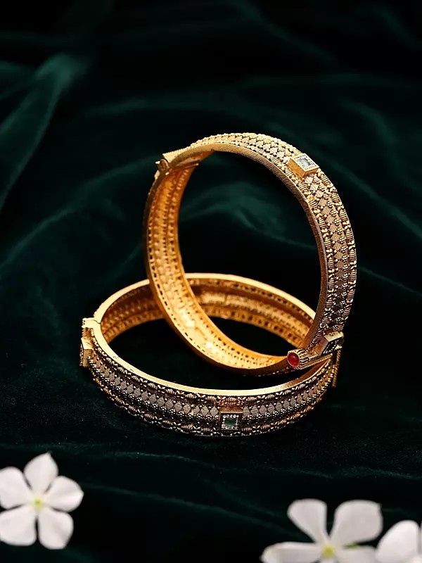 Antique Finish Gold-Tone Bangle featuring Kundan Embellishments