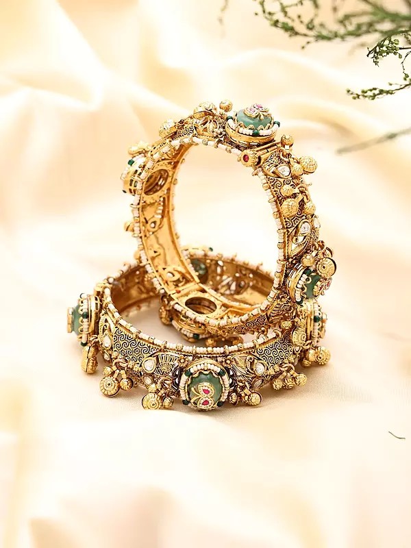 Temple Style Meenakari Kundan Openable Bangle with Ghungroo Drops (Pair)