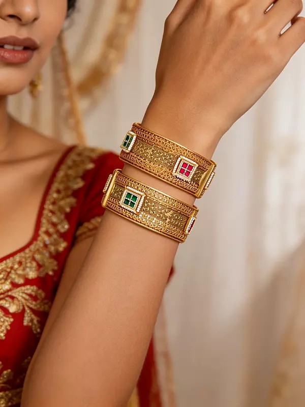 Openable Kundan Bangles with Gold Plating and Detailed Jali Pattern (Set of 2)