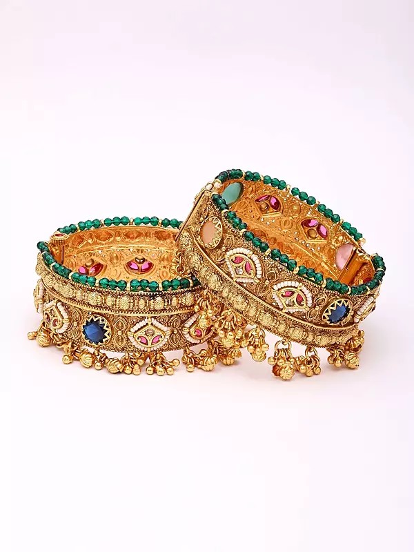 Designer Kundan Bridal Bangles with Ghungroo Charm - Pair