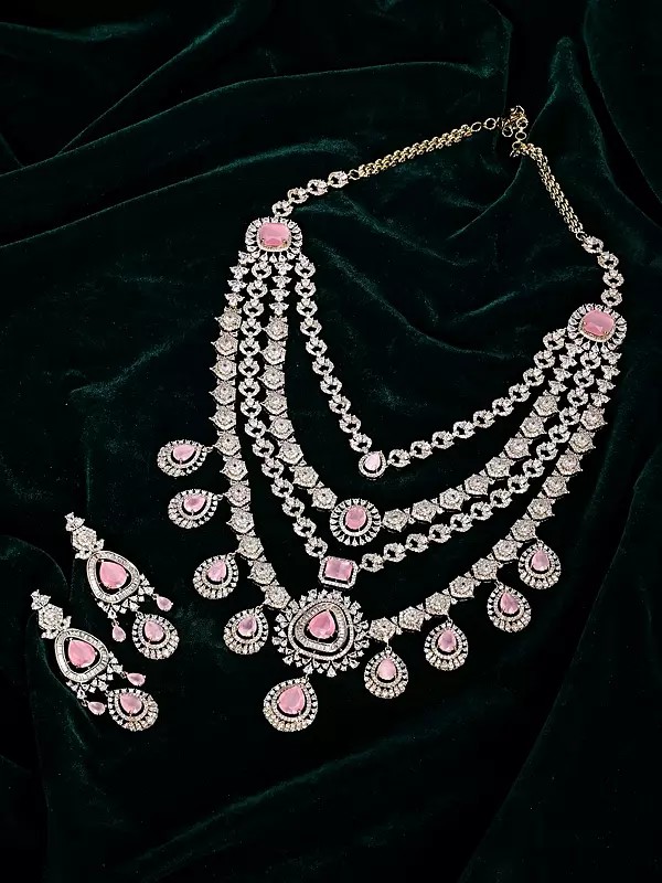 Multi-Strand American Diamond Bridal Necklace Set with Pink Stone Earrings