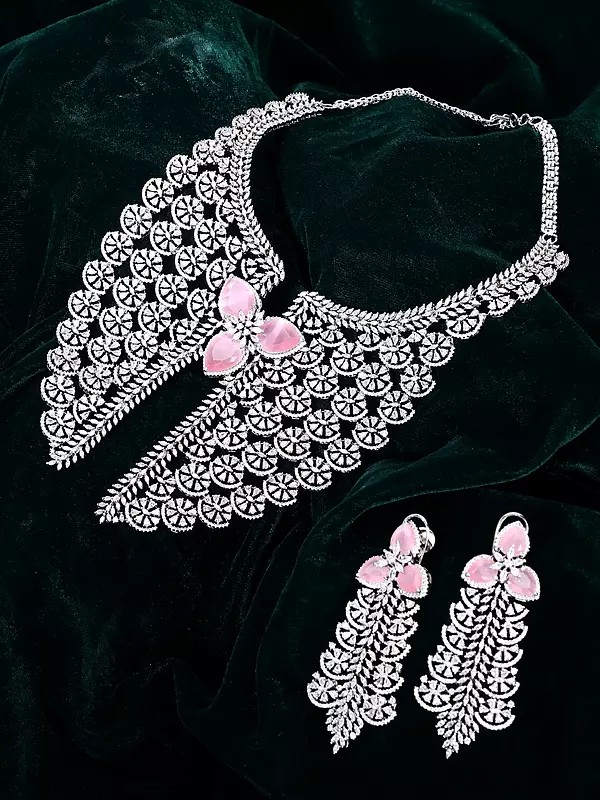 Floral American Diamond Necklace and Earrings Set with Pink Gemstones