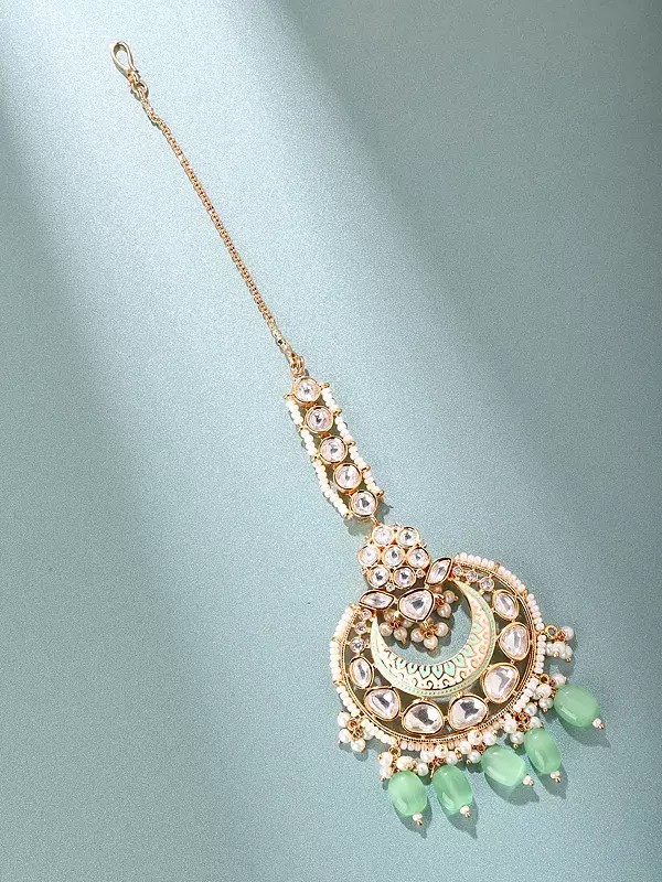 Stone Studded Crescent Maang Tikka with Red Bead Drops