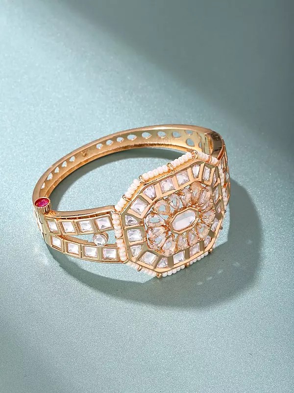 Kundan Stone Studded Openable Bangle with Beaded Edge