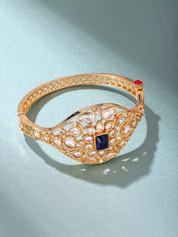 Gold-Plated Bangle with Cluster Polki Stones and Openable Design