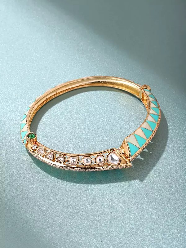 Polki Stone Studded Geometric Enamel Openable Bracelet