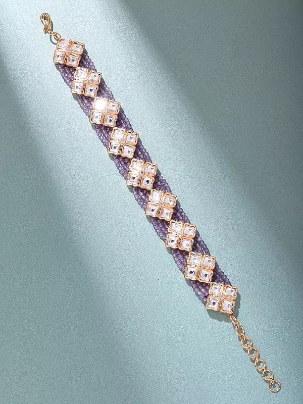 Square Design Kundan Stone Bracelet with Amethyst Beads (Adjustable)
