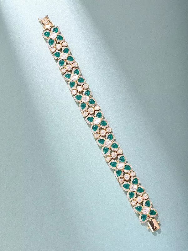 Geometric Kundan Bracelet with Red Stones and Diamond Accents