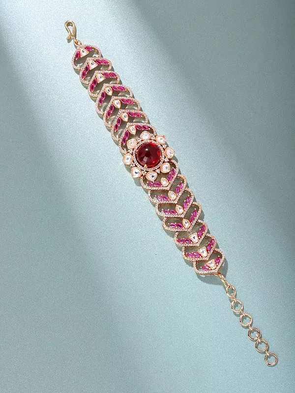 Kundan Bracelet with Central Red Stone and Braided Design - Adjustable Fit