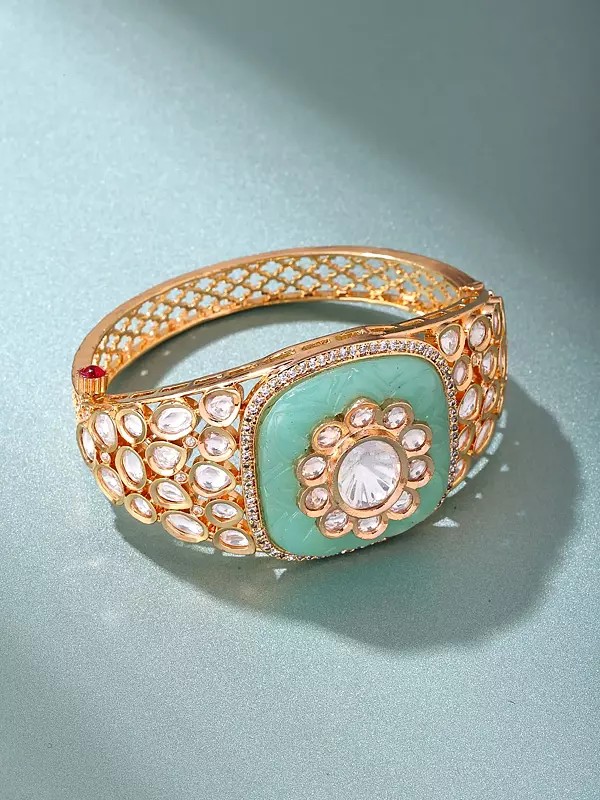 Gold Tone Flower Cuff Bracelet with Polki Stones